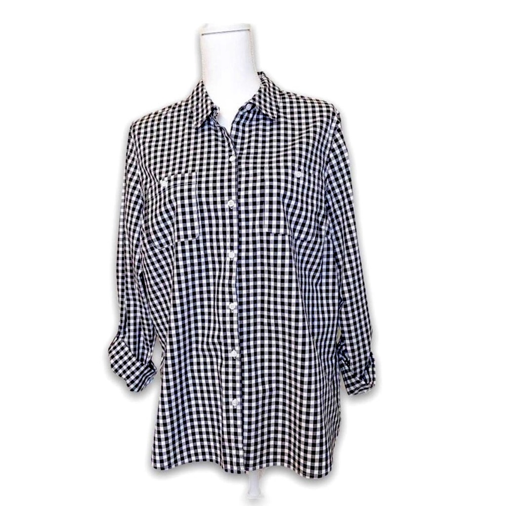NEW Gingham Roll Tab Sleeve Button Up XL